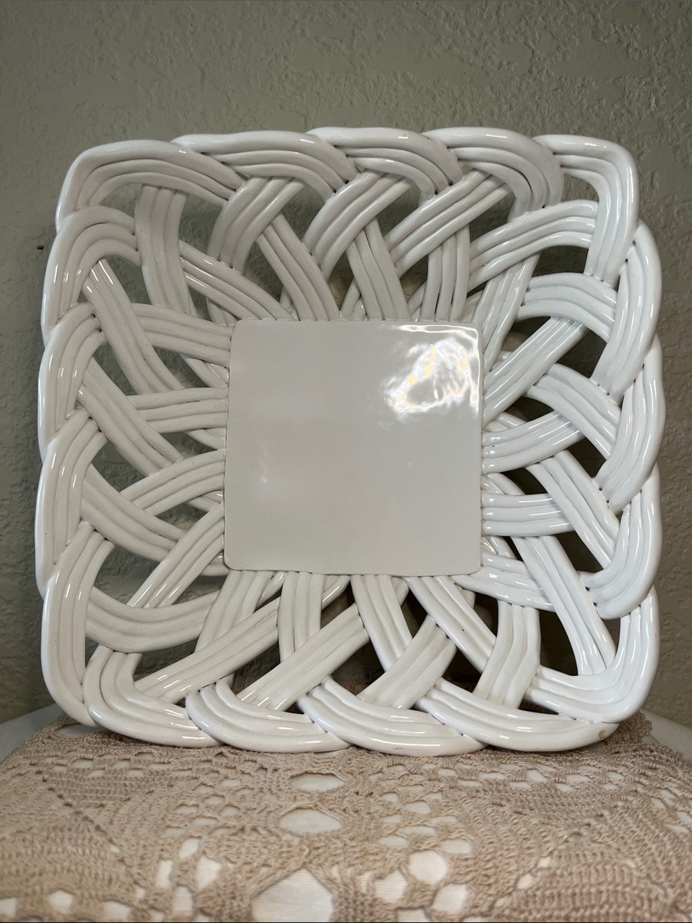 Living Colors White Ceramic Woven Basket Lattice Centerpiece 10”